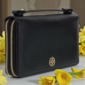 Tory Burch Luxury  Black Leather Top Handle Organizer Wallet - Versatile Bag